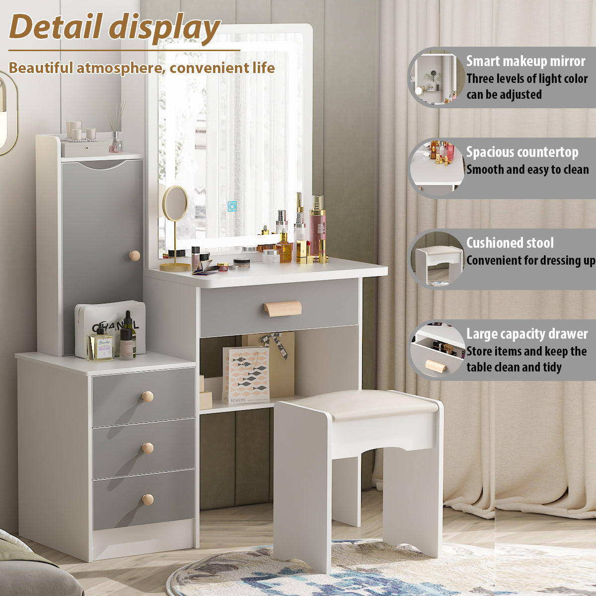 MONSLIPA Makeup Vanity Desk Set, Sturdy Dressing Table w/Lighted Mirror, Stool, Shelves & Drawers