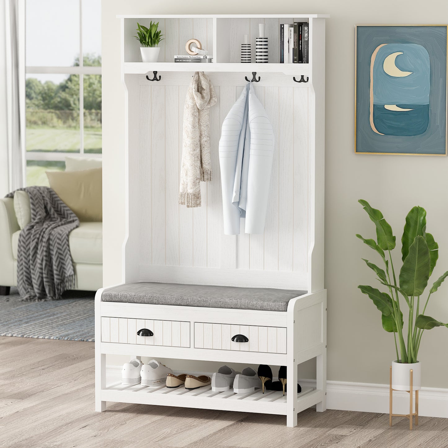 Timechee White Hall Tree, Storage Bench and Coat Rack