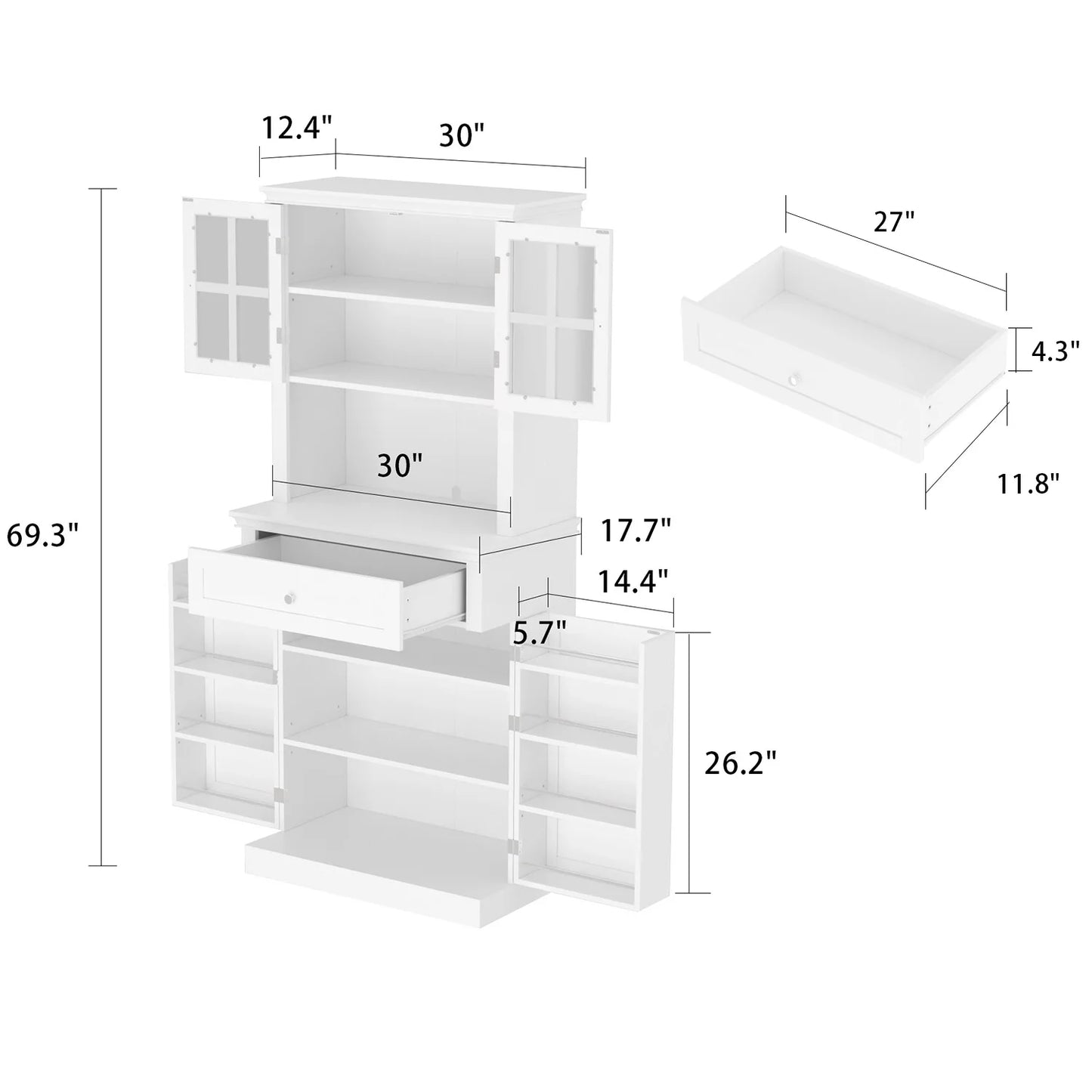 MONSLIPA Freestanding Kitchen Pantry, 4-Door Kitchen Cupboard Pantry Cabinet with Drawers and Acrylic Glass Door, White