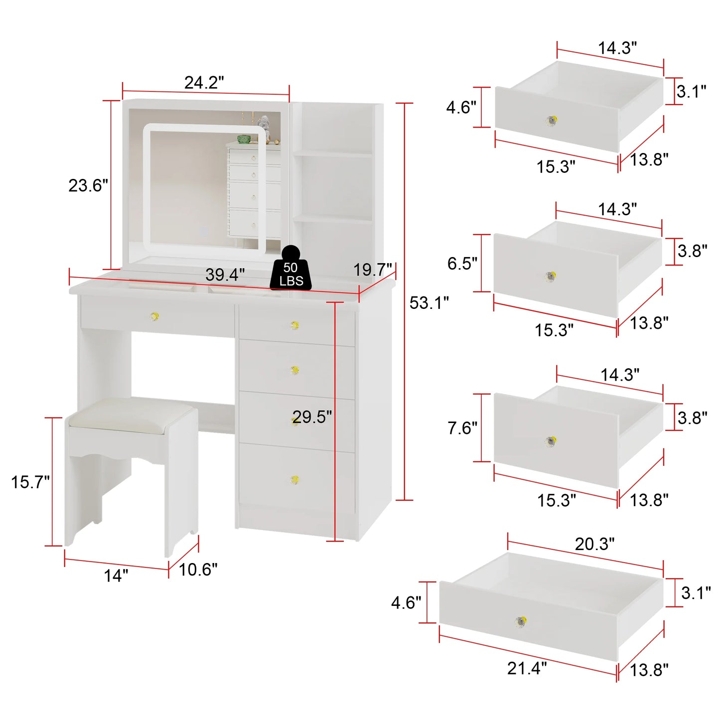 MONSLIPA Makeup Vanity with Sliding Lighted Mirror, Vanity Dressing Table with Glass Top Visible Drawers for Bedroom, White