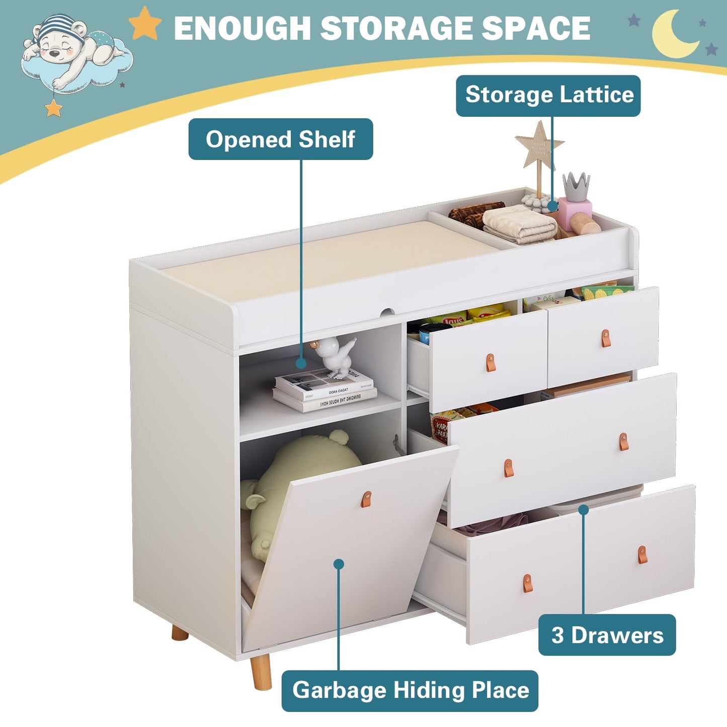 AIEGLE Changing Tables with 4 Drawers, Changing Table Dresser Storage Nursery Chest for Infants Babies, White