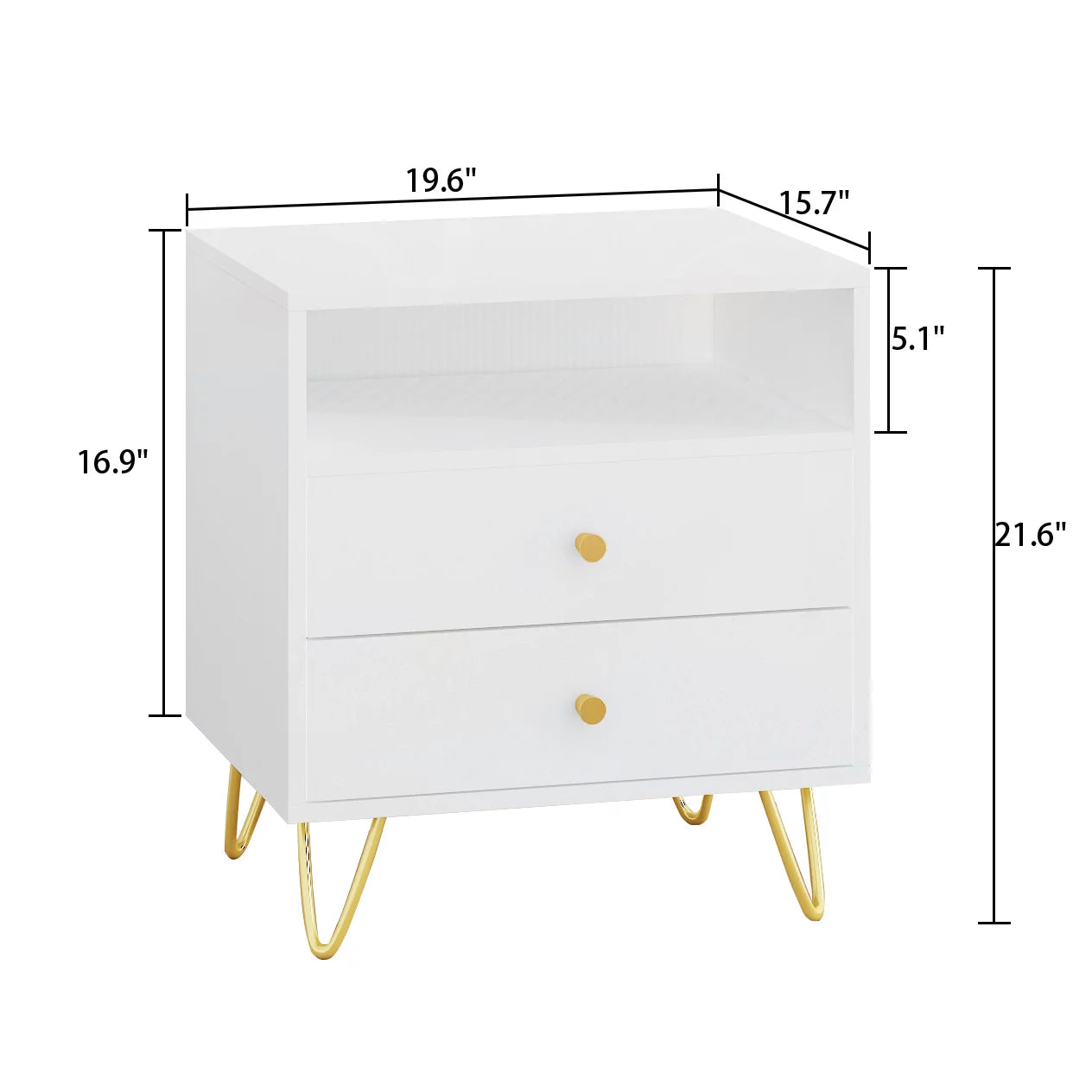 MONSLIPA Nightstand Bedside Table, Side End Table with 2 Storage Drawers and Open Shelf, Sofa Table Night Stand with Metal Leg for Living Room Bedroom ,White