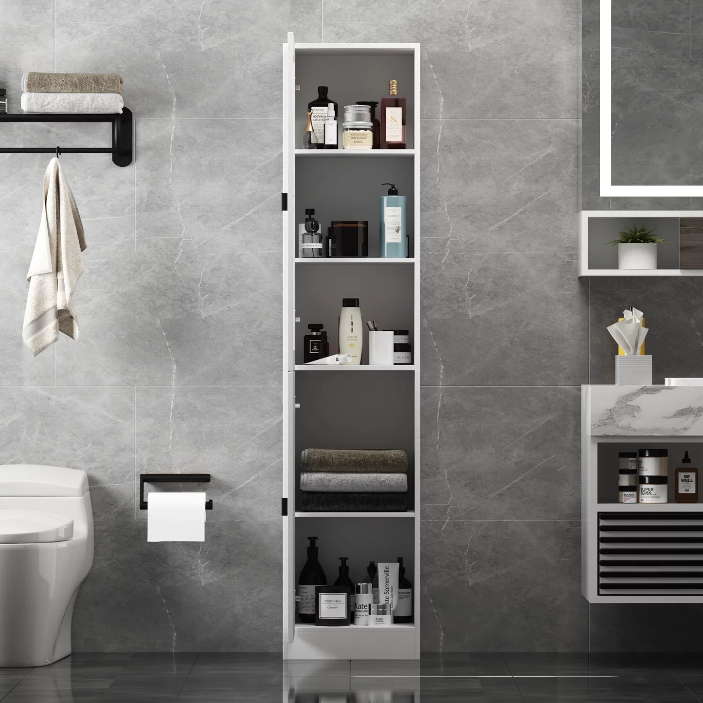 MONSLIPA Bathroom Cabinet, Freestanding Storage Cabinet with Glass Doors and Adjustable Shelf