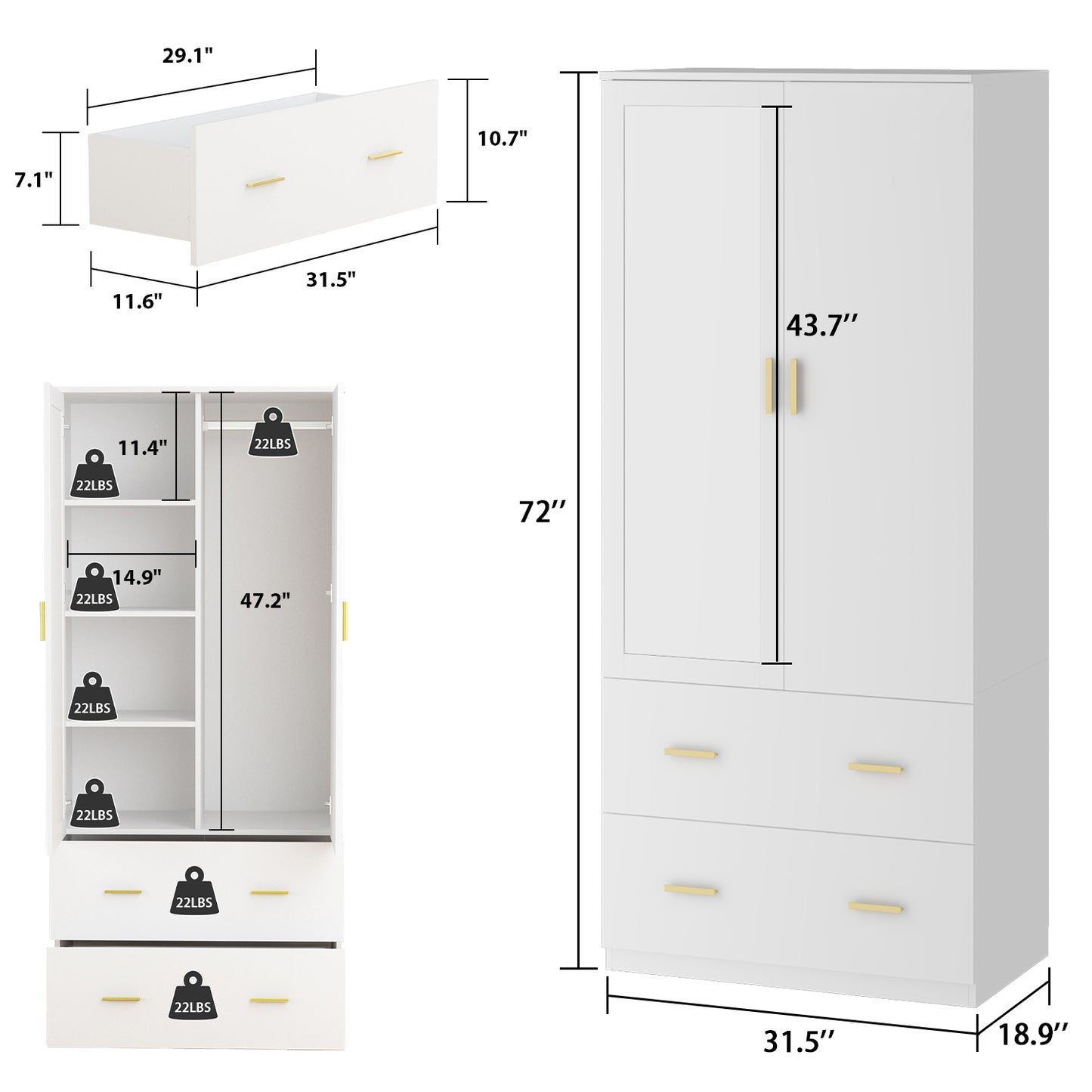 Timechee Mirrored Wardrobe, Amoire Closet with 2 Drawers and Hanging Rod for Bedroom White