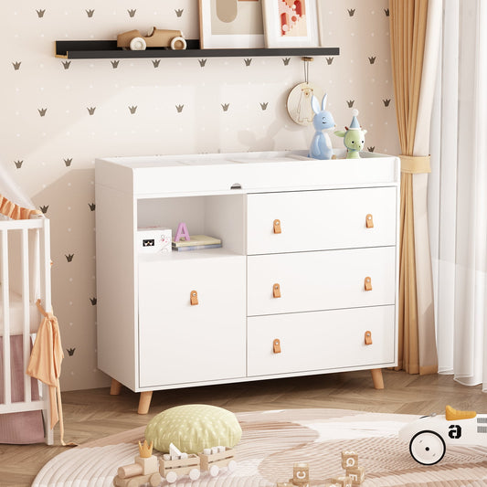 AIEGLE Changing Tables with Drawers and Open Shelf, Baby Dresser Storage Nursery Chest for Infants Babies, White