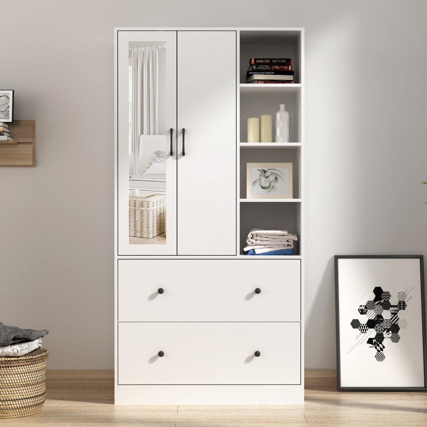 AIEGLE Mirrored Wardrobe Armorie with Drawers and Side Shelves, Modern Bedroom Closet Cabinet with Telescopic Clothes Rail, White