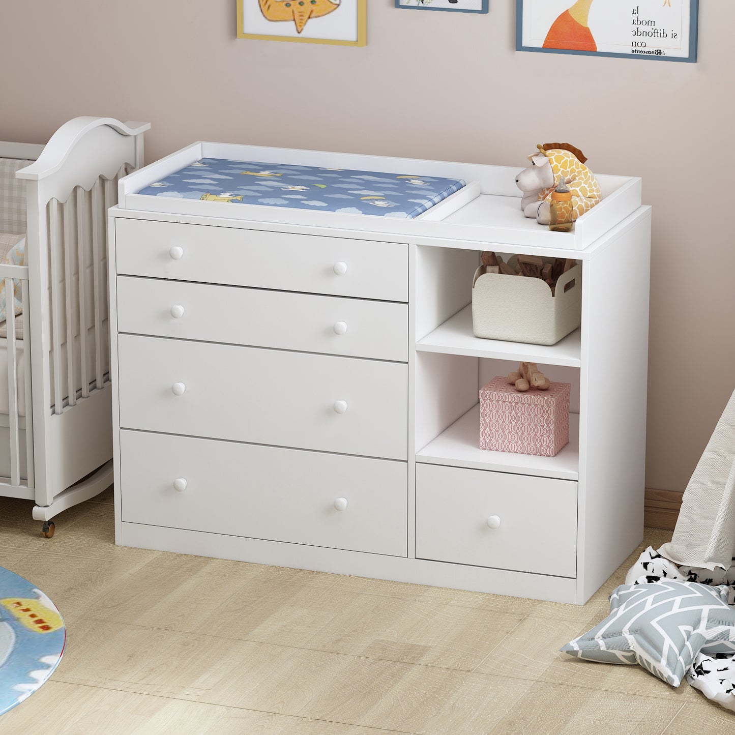 AIEGLE White Baby Dresser with Changing Table and 5 Drawers Baby Organizer Dresser Chest