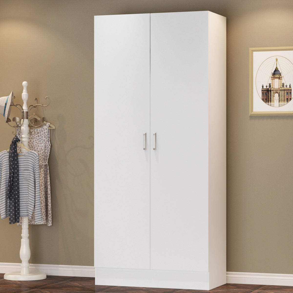 MONSLIPA 2-Door Armoire with Hanging Rod, 4 Tier Tall Wardrobe Storage Cabinet, White