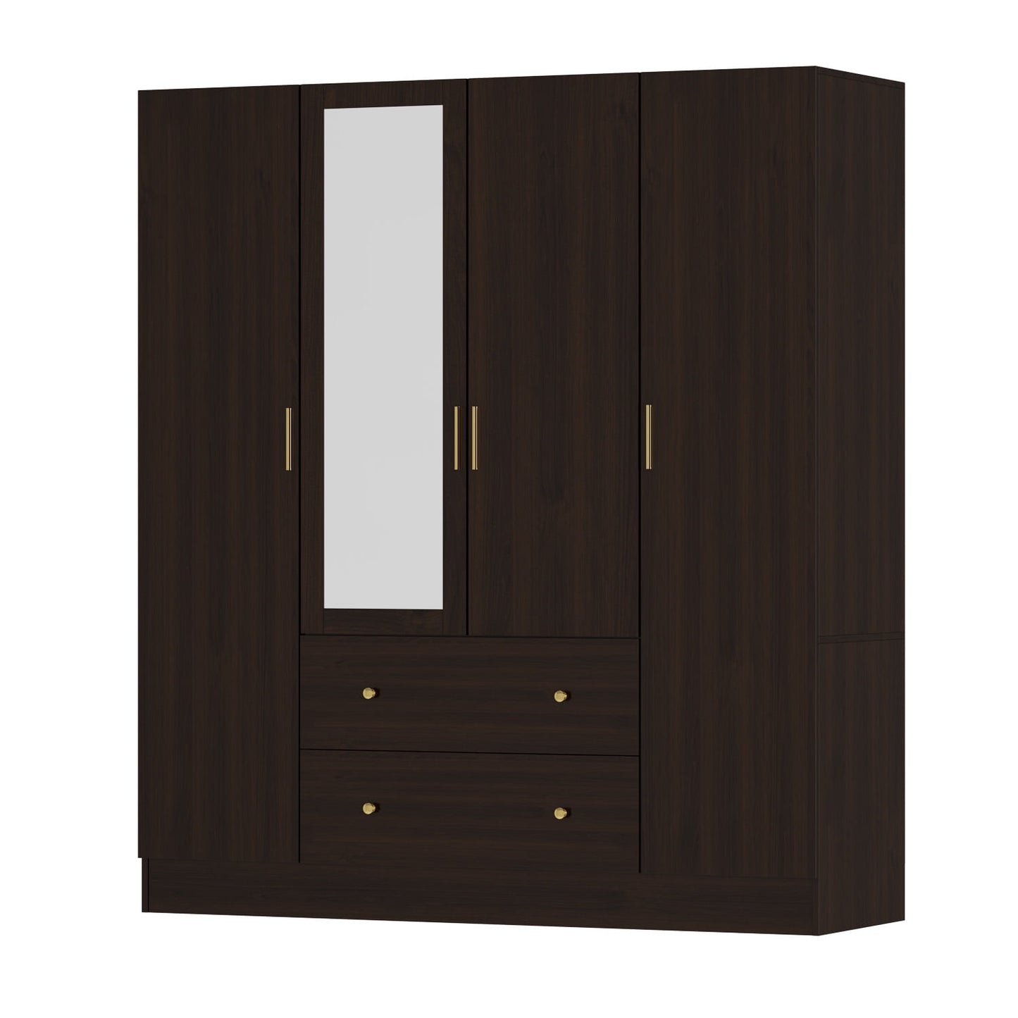 MONSLIPA 4-Door Wardrobe Amoire Closet with Mirror, 2 Drawers and Hanging Rod for Bedroom Espresso