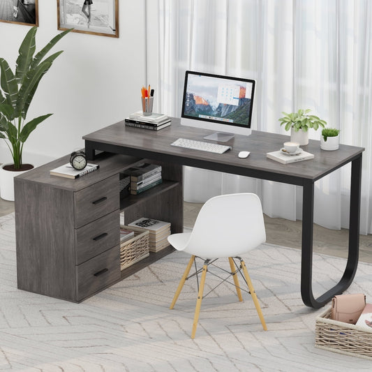 MONSLIPA L Shaped Desk with Storage Shelf and 3 Drawers, 55" Home Office Corner Office Writing Desk Study Workstation Table, Drak Gray