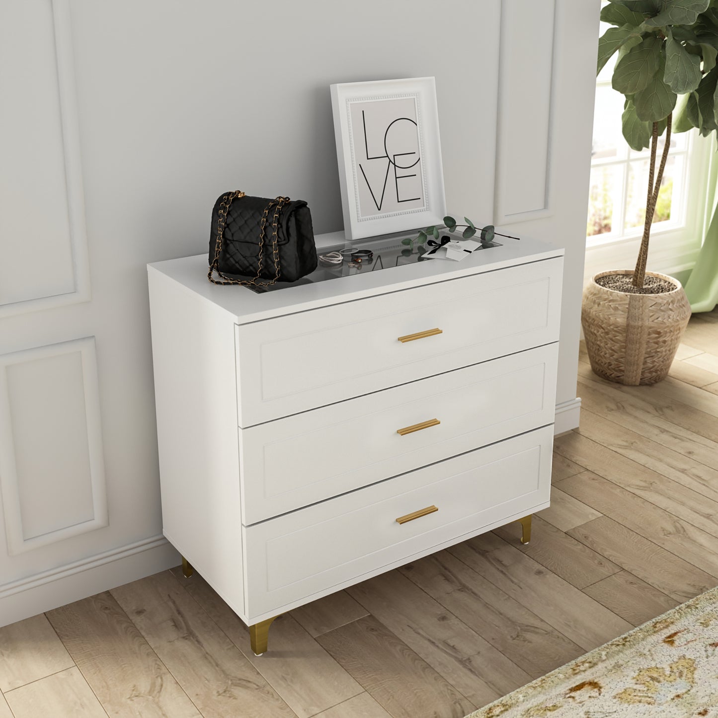 MONSLIPA Modern 3 Drawers Dresser with Glass Top and Jewelry Organizer, Chest of Drawer End Table with Metal Legs, White