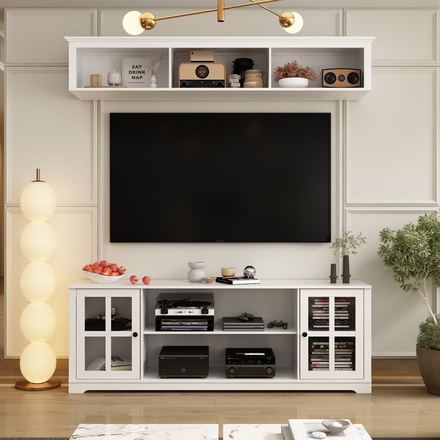 MONSLIPA TV stand with Storage Cabinets, Rustic Minimalism Entertainment Center, Up to 65 Inch TV, Adjustable Shelves, Glass Door, White