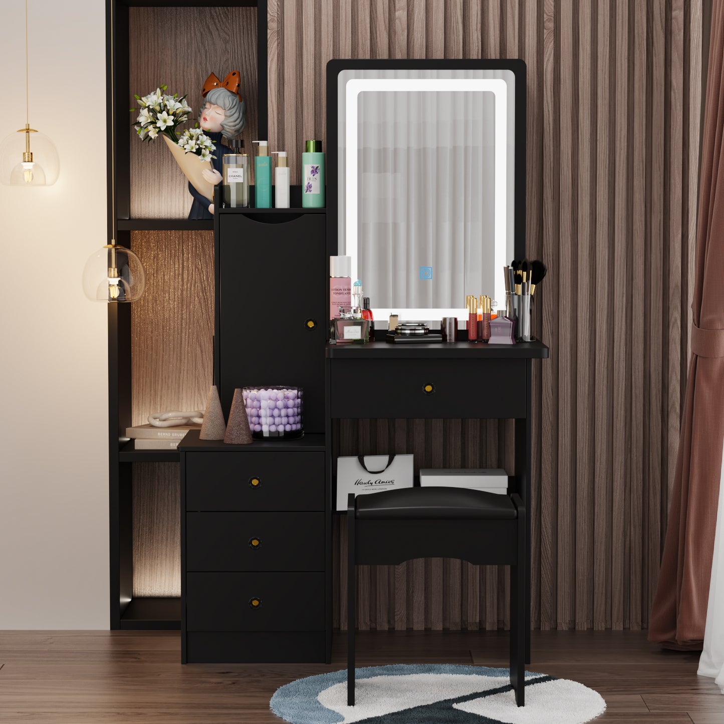 MONSLIPA Vanity Set with Light Mirror, Makeup Dressing Table with 4 Drawers for Bedroom, Black