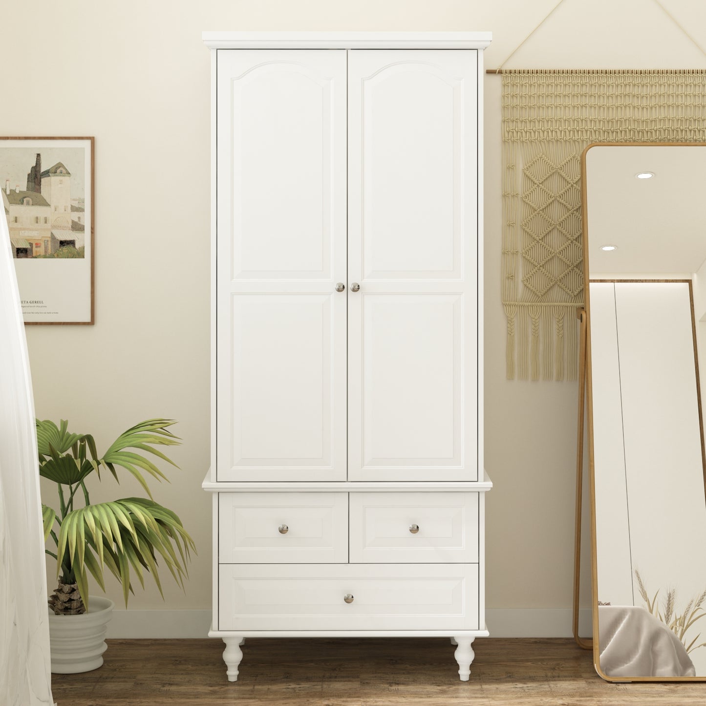 MONSLIPA White Wardrobe, Modern 2-Door Armoire with Hanging Rod and 3 Drawers for Closet Bedroom