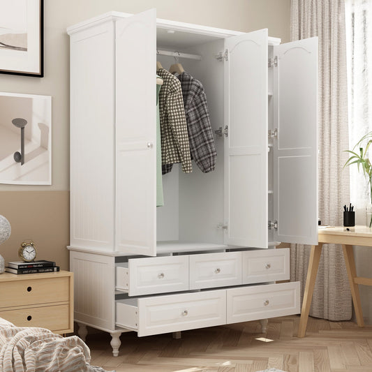 MONSLIPA White Wardrobe with Mirror, Modern 3-Door Armoire with Hanging Rod and 5 Drawers for Closet Bedroom