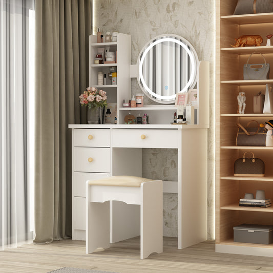 Makeup Vanity Dressing Table w/Drawers and Shelves, Sturdy Vanity Set w/Lighted Mirror, White Dresser Desk & Cushioned Stool