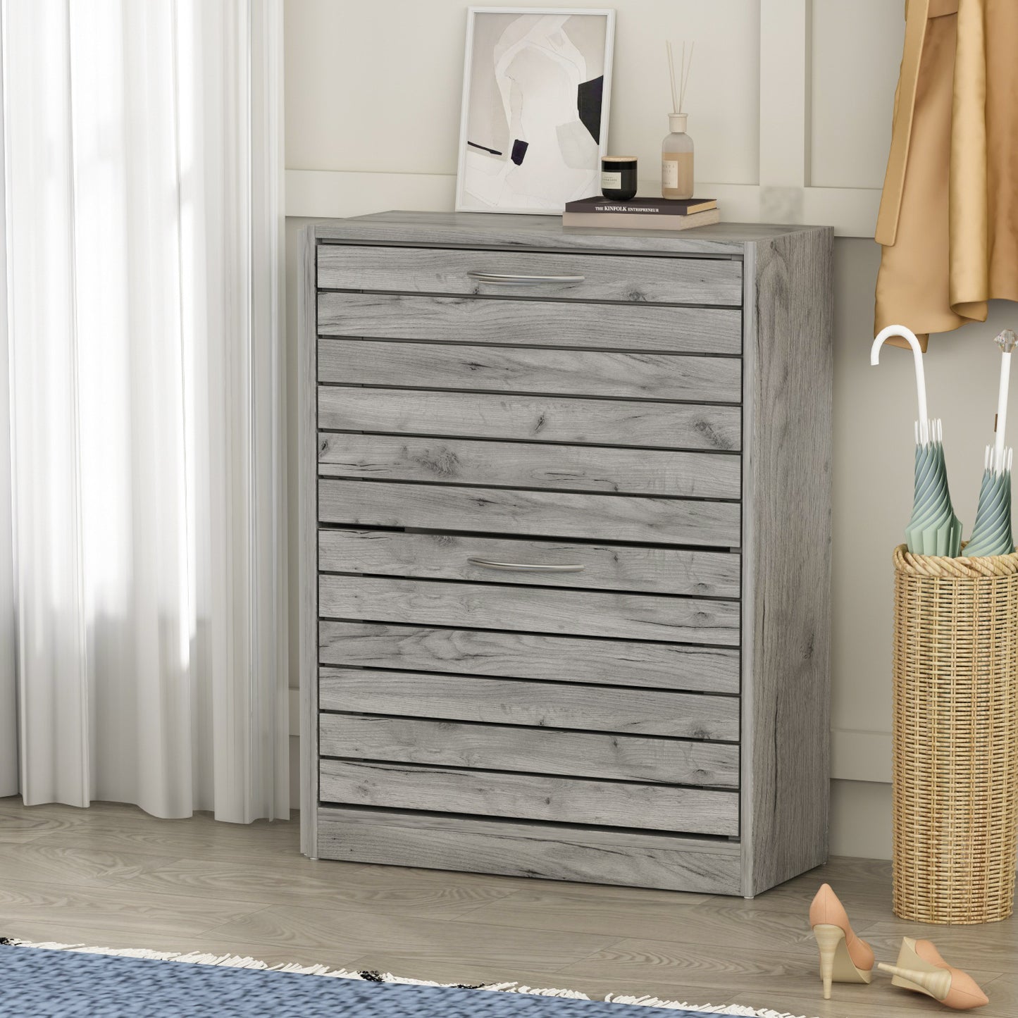 Modern Free Standing Shoe Storage Cabinet Organizer with 2 Compartments for Entryway, Gray