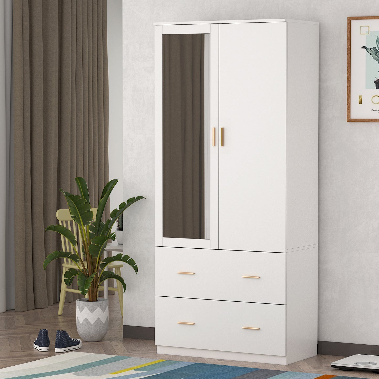 Timechee Mirrored Wardrobe, Amoire Closet with 2 Drawers and Hanging Rod for Bedroom White