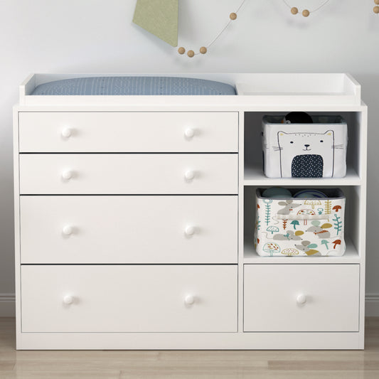 Timechee Nursery Dresser Baby Dresser with 5 Drawer & 2 Shelves, White Wood Chest of Drawers for Storage, Bedroom Nursery, White (47.2"L x 19.7"W x 33.3"H)