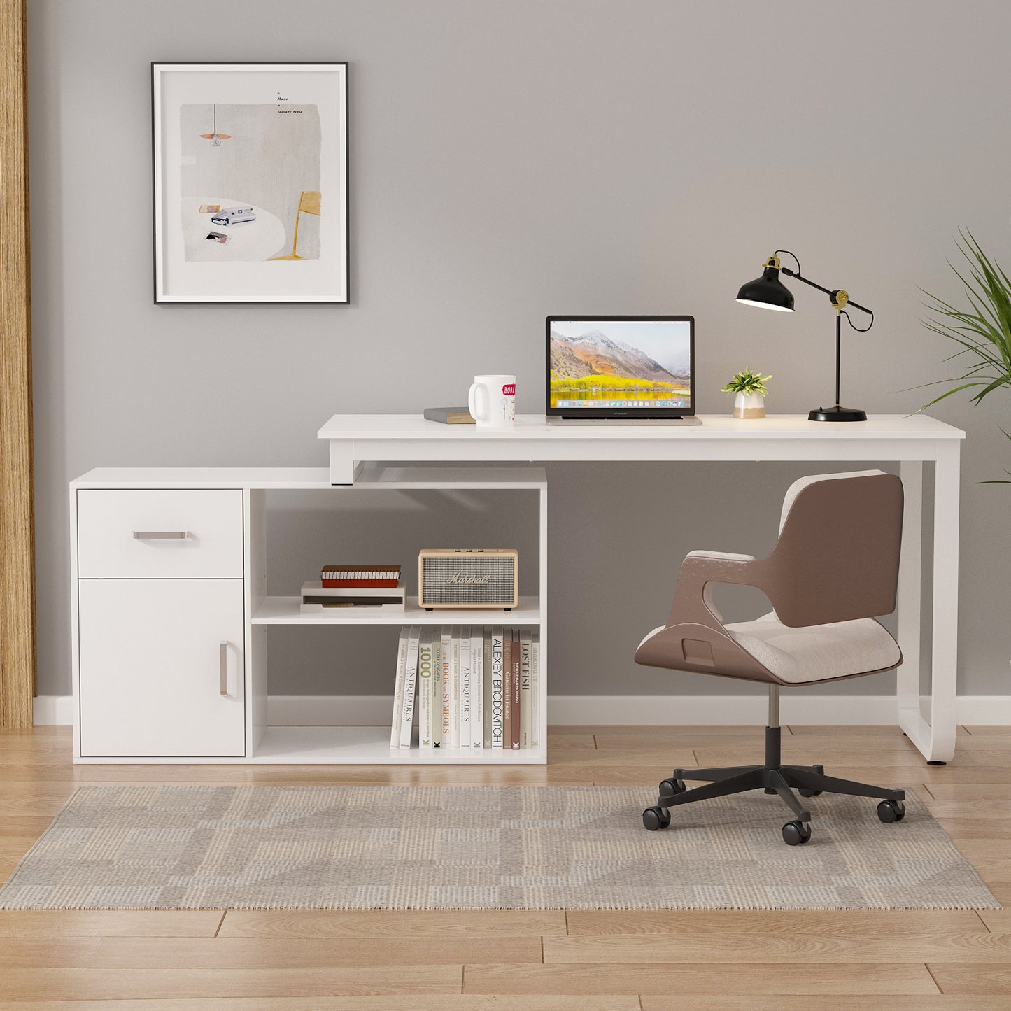 Timechee Reversible Wood L Shape Desk with Storage Shelves and Drawer, White Corner Desk Work Writing Desk Workstation Table for Home Office Study