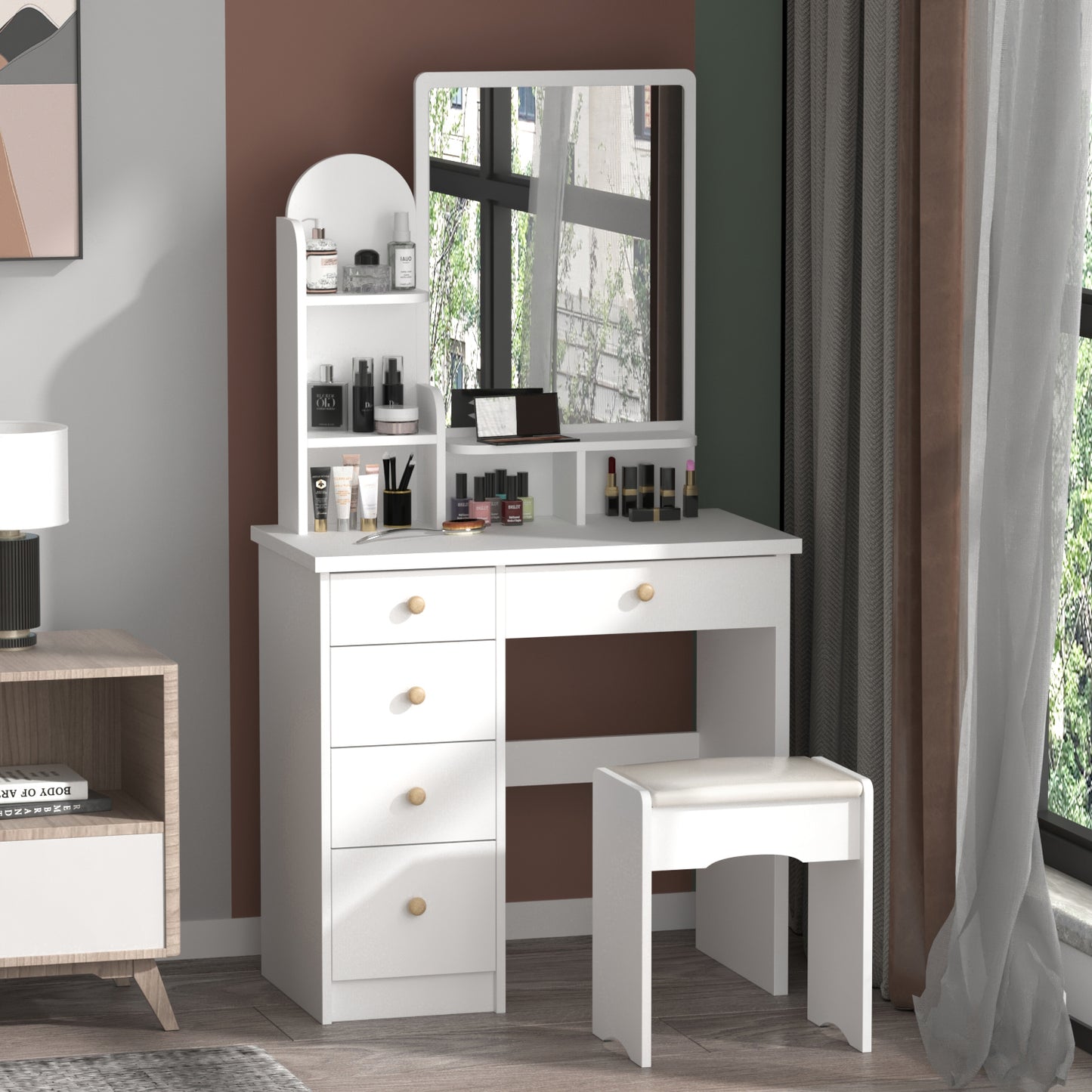 Timechee Vanity Set with Mirror, Makeup Vanity Dressing Table with 5 Drawers, Shelves, Dresser Desk and Cushioned Stool Set (White/ Mirror)