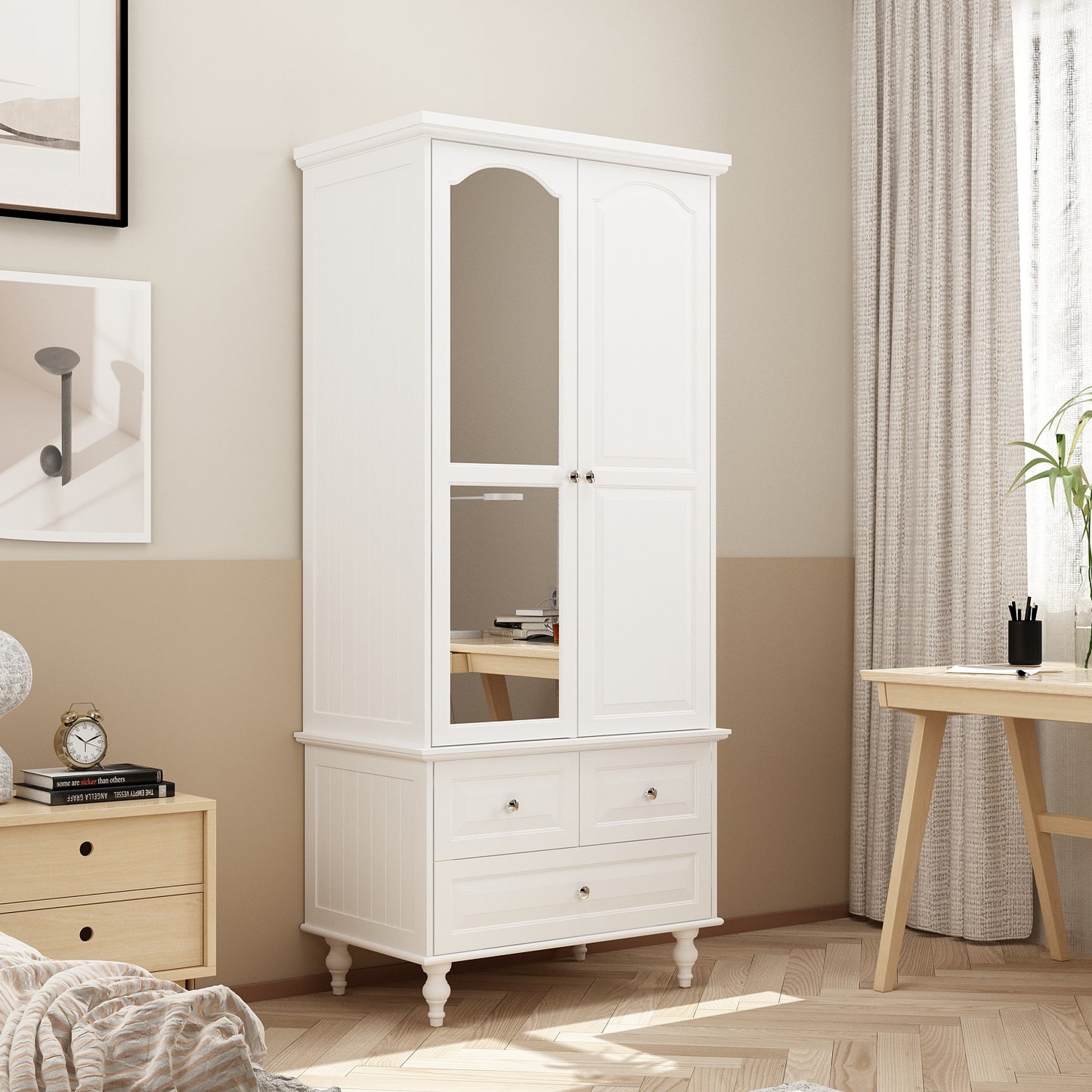 Timechee White Wardrobe with Mirror, Modern 2-Door Armoire with Hanging Rod and 3 Drawers for Closet Bedroom