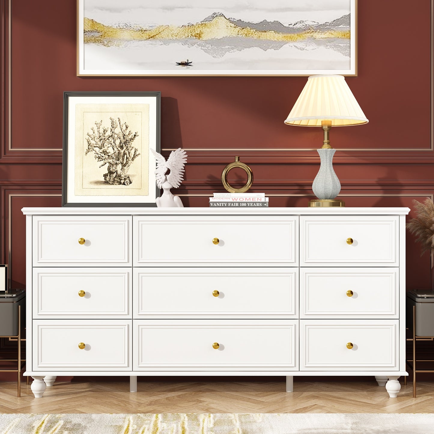 Timehcee 9 Drawer Double Dresser, Chest of Drawers Dresser for Bedroom Living Room White