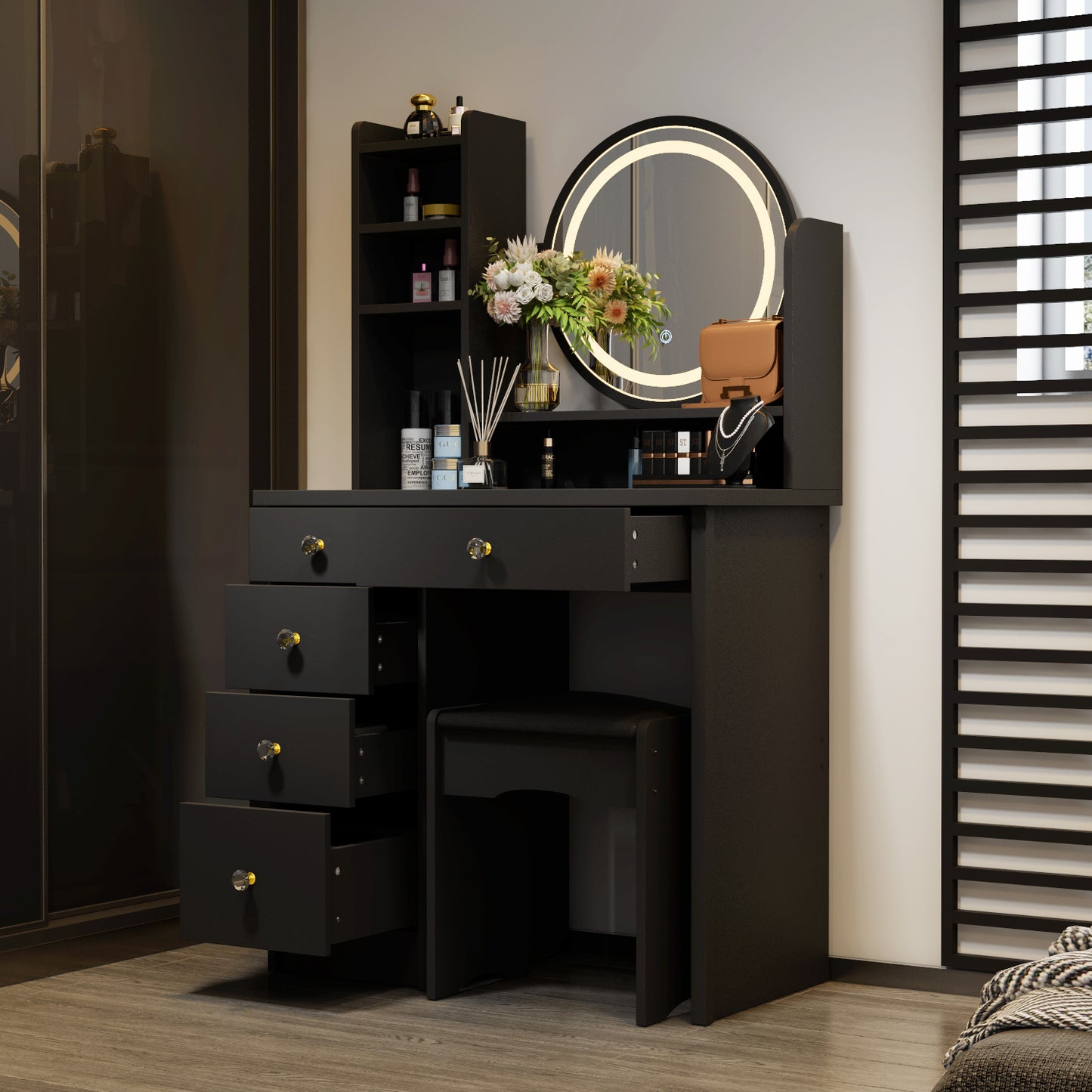 Vanity Table with Light Round Mirror, Makeup Drssing Desk with Drawers for Bedroom Black