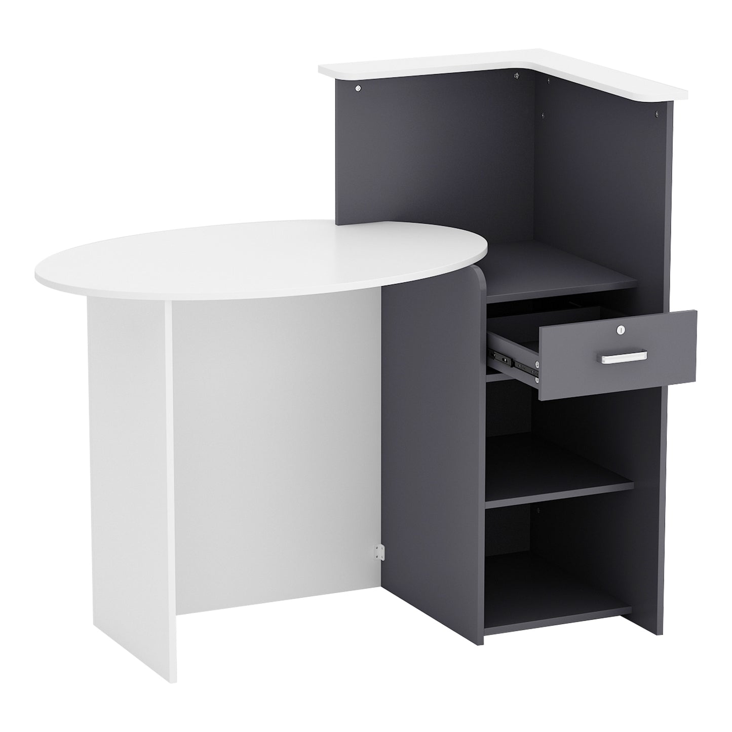 Timechee Reception Counter Desk wth Open Shelves, Lockable Drawer, Oval Desktop Retail Front Reception Desk for Checkout, White&Black