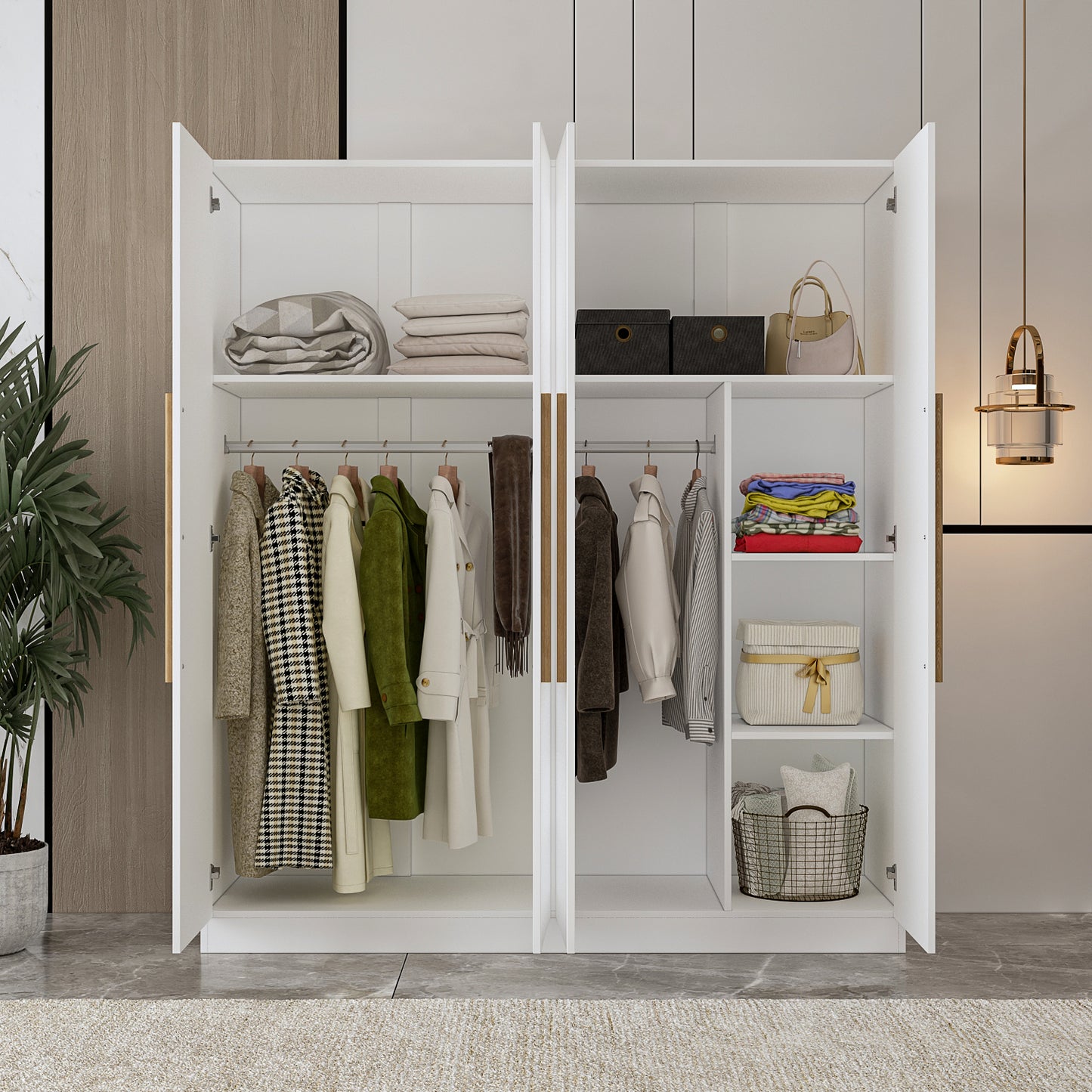 MONSLIPA Modern Wardrobe Armoire, 4 Door Wooden Closet Storage with Hanging Rods for Bedroom, White