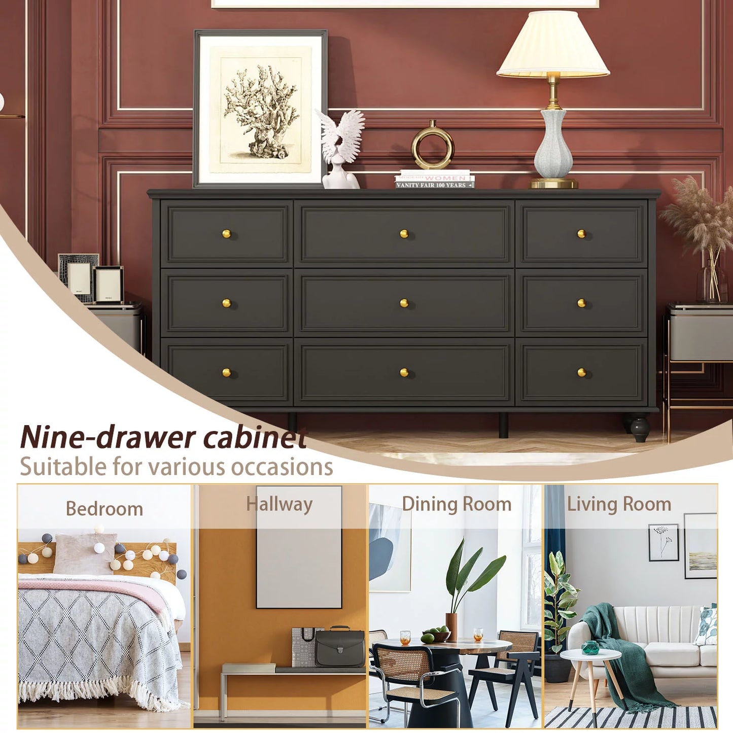 MONSLIPA 9 Drawer Double Dresser, Modern Wood Chest of Drawers for Bedroom Living Room Black