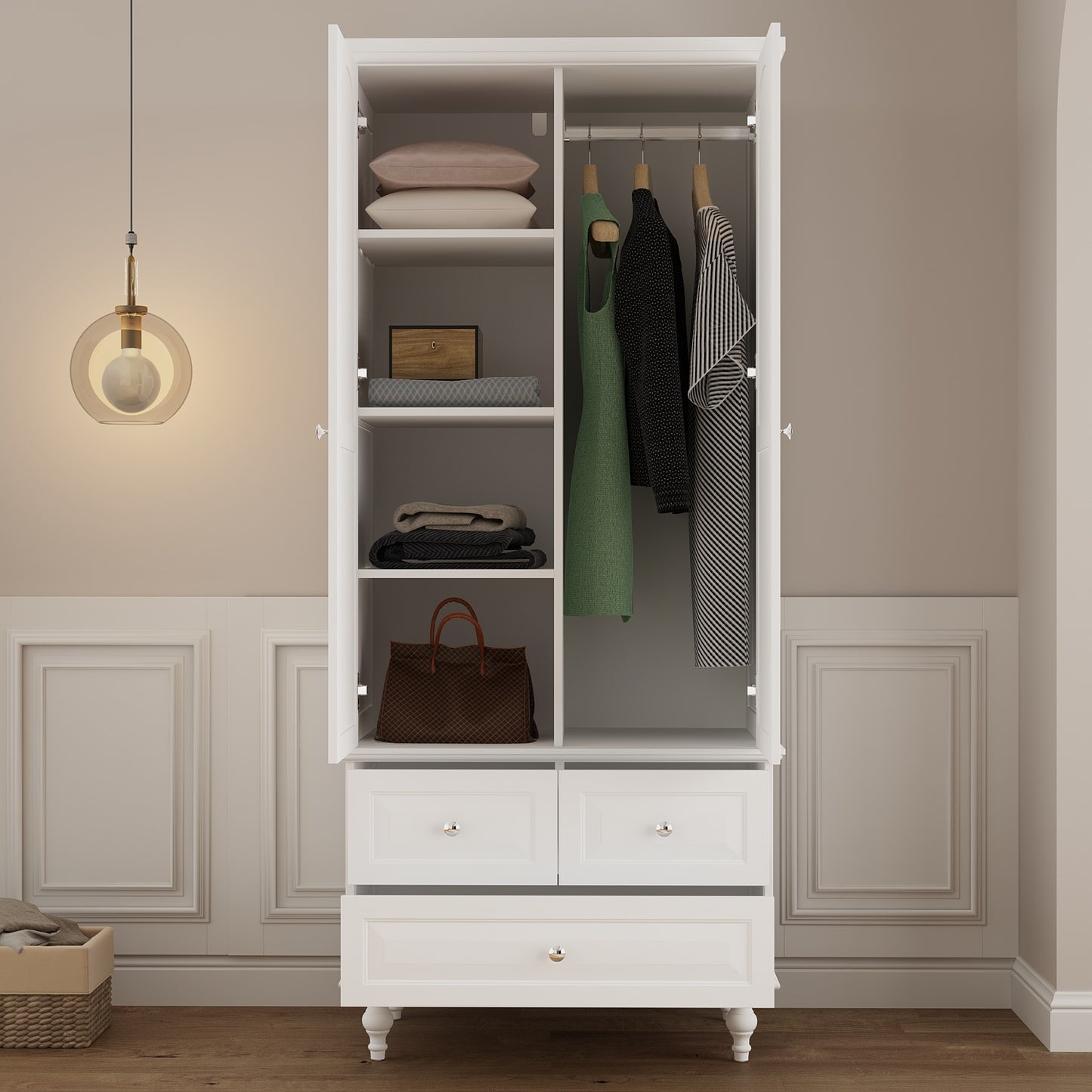 Timechee White Wardrobe with Mirror, Modern 2-Door Armoire with Hanging Rod and 3 Drawers for Closet Bedroom