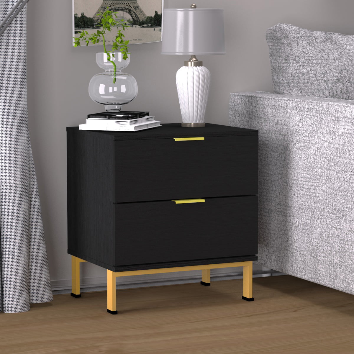 MONSLIPA Nightstand with 2 Drawers, End Table Storage Wood Cabinet Bedroom Accent Side Table, Black