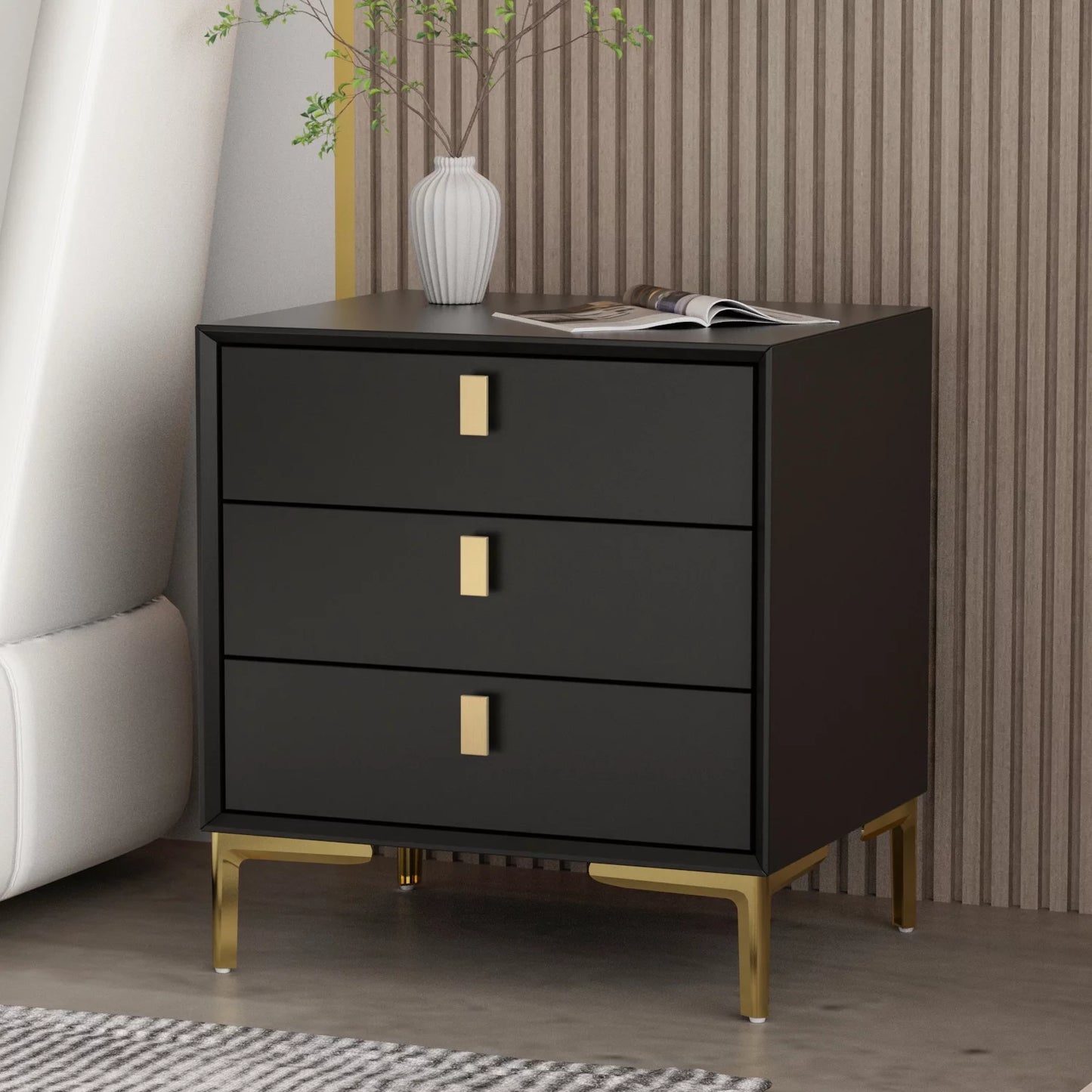 MONSLIPA Nightstand End Table with 3 Drawers, Black Bedside Table with Gold Metal Legs for Bedroom and Living Room