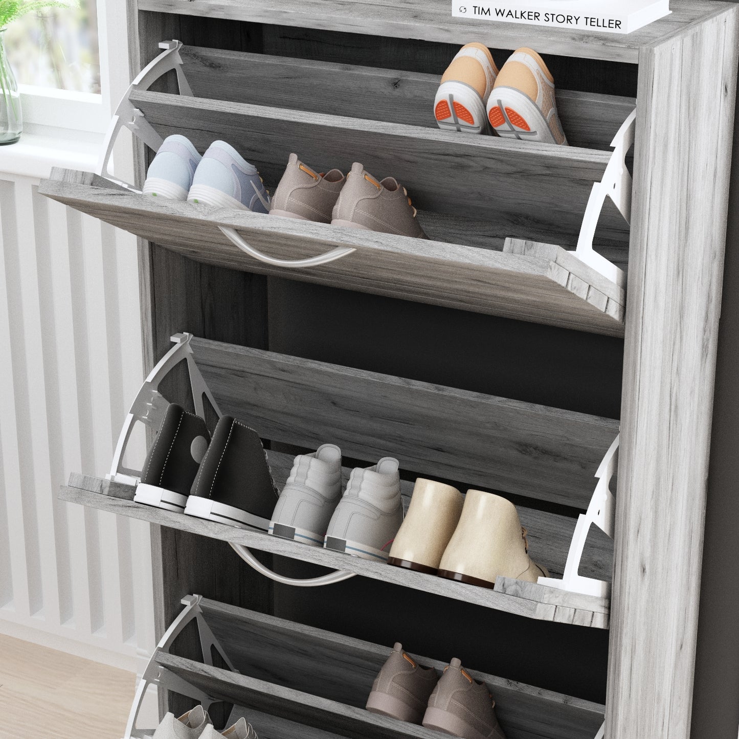 Timechee Shoe Cabinet with 3 Flip Drawers for Entryway Gray