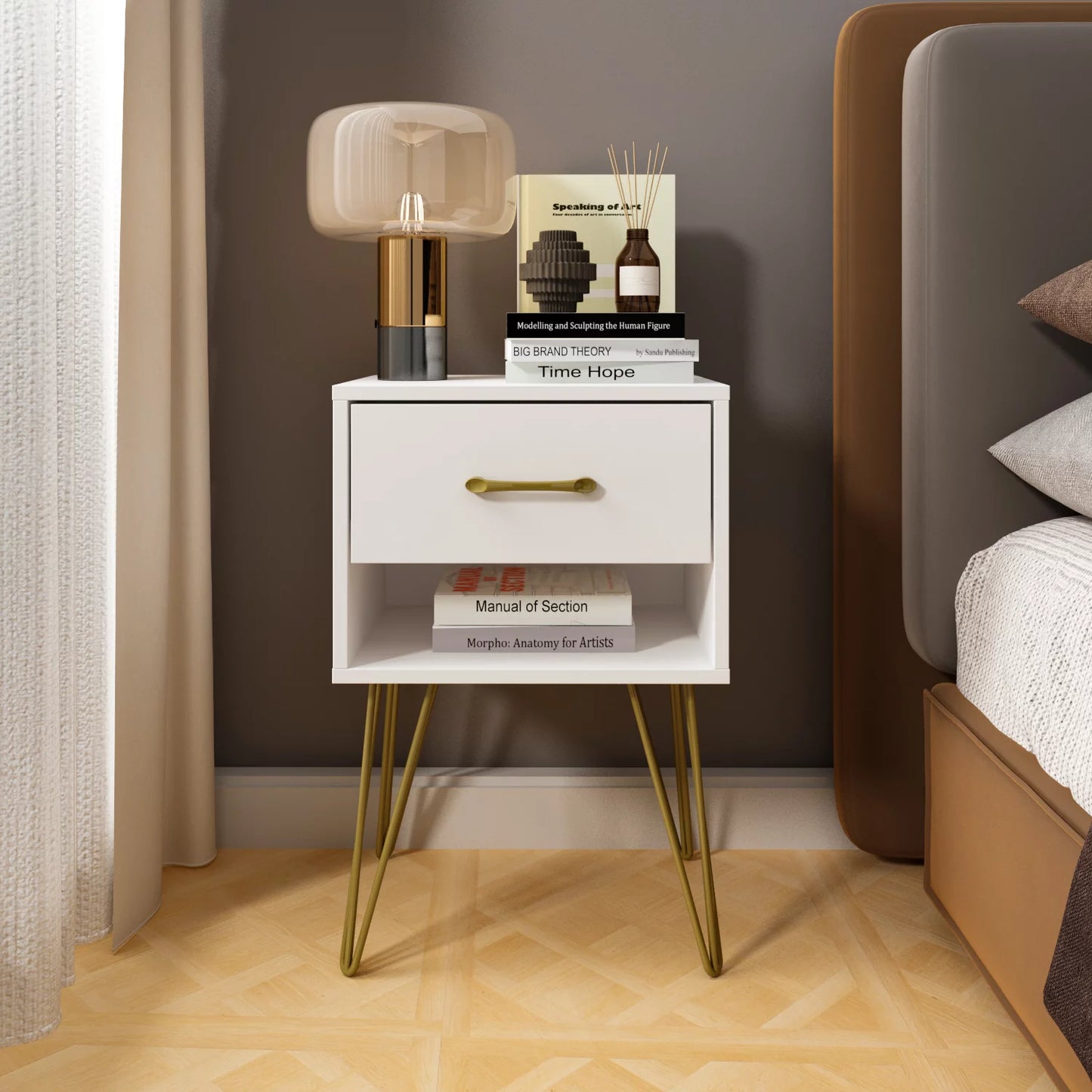 MONSLIPA Nightstand with Drawer and Shelf, White End Side Table with Metal Legs for Bedroom