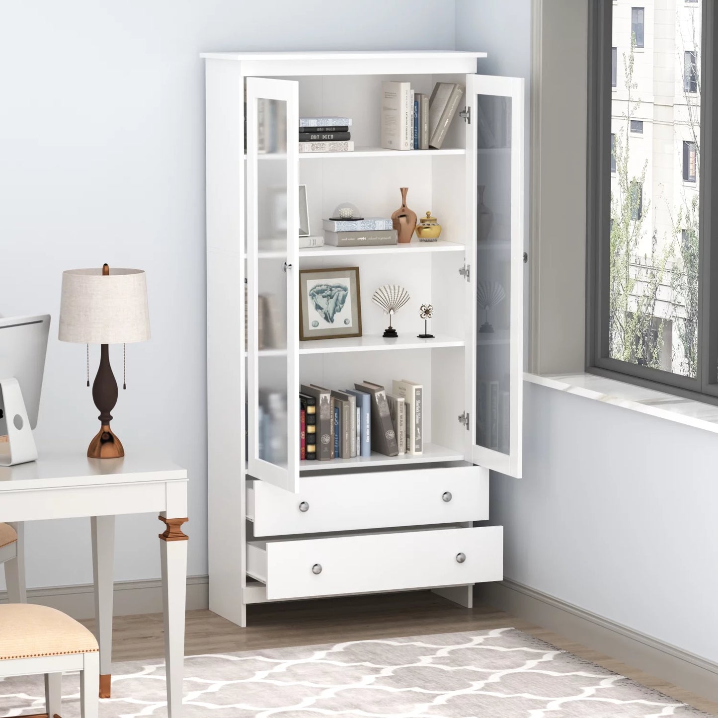 MONSLIPA White 70.7"H Tall Curio Cabinet with 2 Drawers, Bookcase Display Storage Cabinet