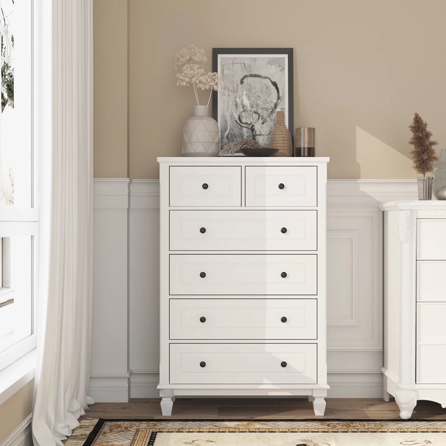 MONSLIPA 6 Drawer Tall Dresser, White Drawer Chest for Bedroom, Clothes Storage Cabinet