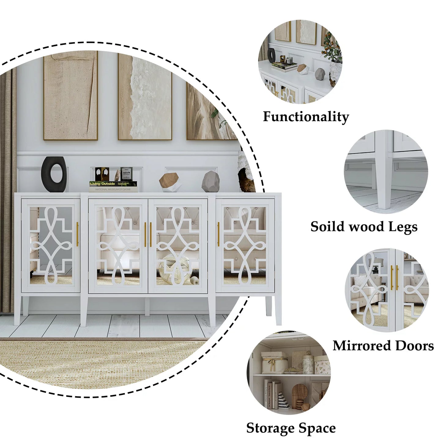 MONSLIPA 4-Door Kitchen Credenza with Acrylic Glass Door, 63" Buffet Storage Cabinet for Living Room