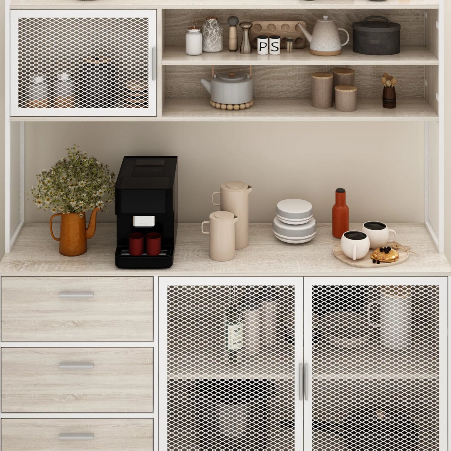 MONSLIPA Kitchen Pantry Storage Cabinet, Sideboard Buffet with Hutch, Metal Mesh Door and 3 Storage Drawers, Oak