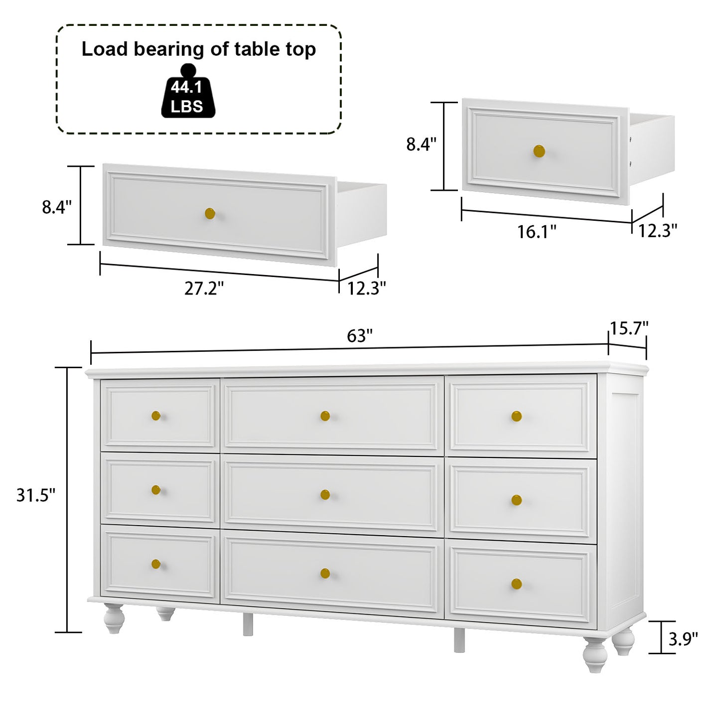 Timehcee 9 Drawer Double Dresser, Chest of Drawers Dresser for Bedroom Living Room White