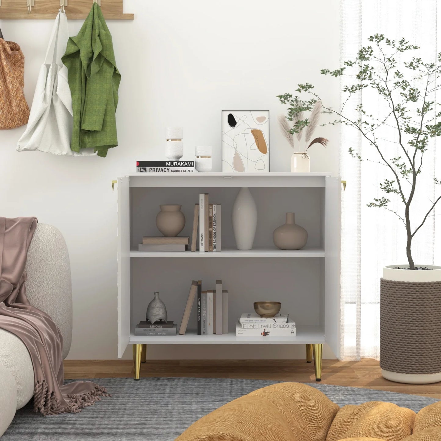 MONSLIPA Accent Cabinet with Gold Metal Legs, Wooden Side Storage Cabinet with for Living Room Kitchen Hallway, White