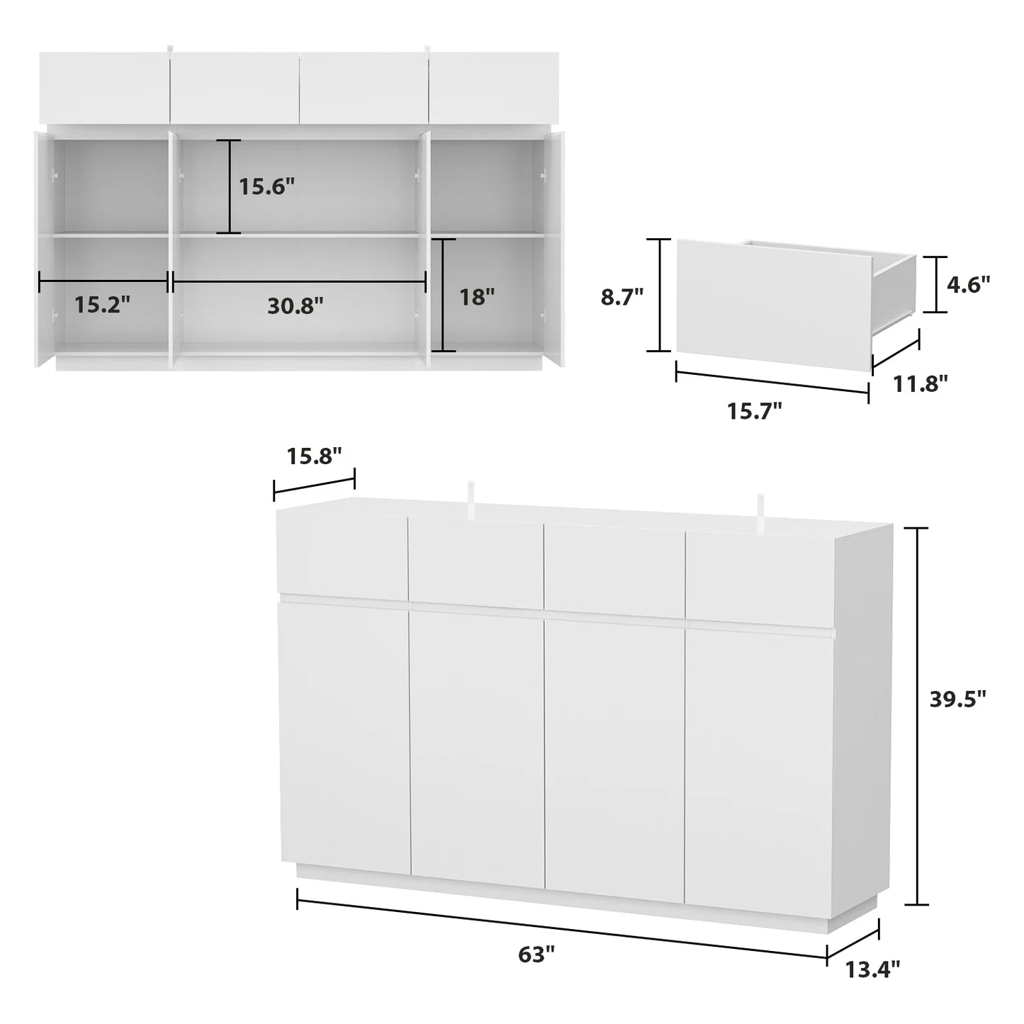 MONSLIPA Buffet Sideboard Credenza with 4 Drawers, Kitchen Credenza Storage Cabinet for Hallway Entryway, White