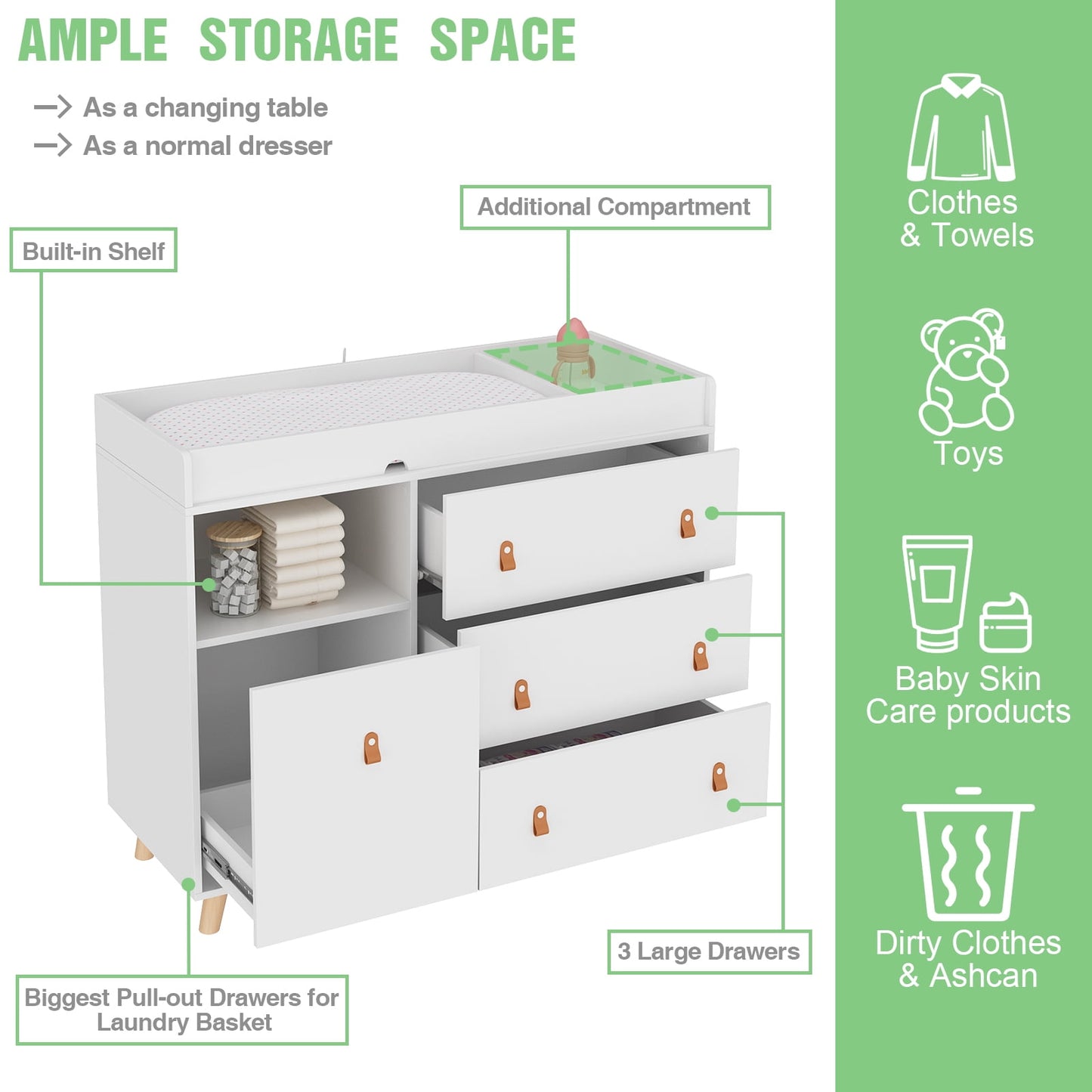 AIEGLE Changing Tables with Drawers and Open Shelf, Baby Dresser Storage Nursery Chest for Infants Babies, White