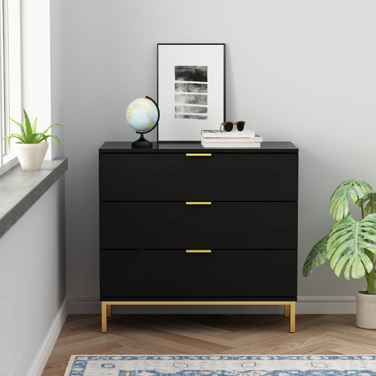 Timechee Black Bedside Table, 3 Drawer Dresser with Gold Metal Legs for Bedroom