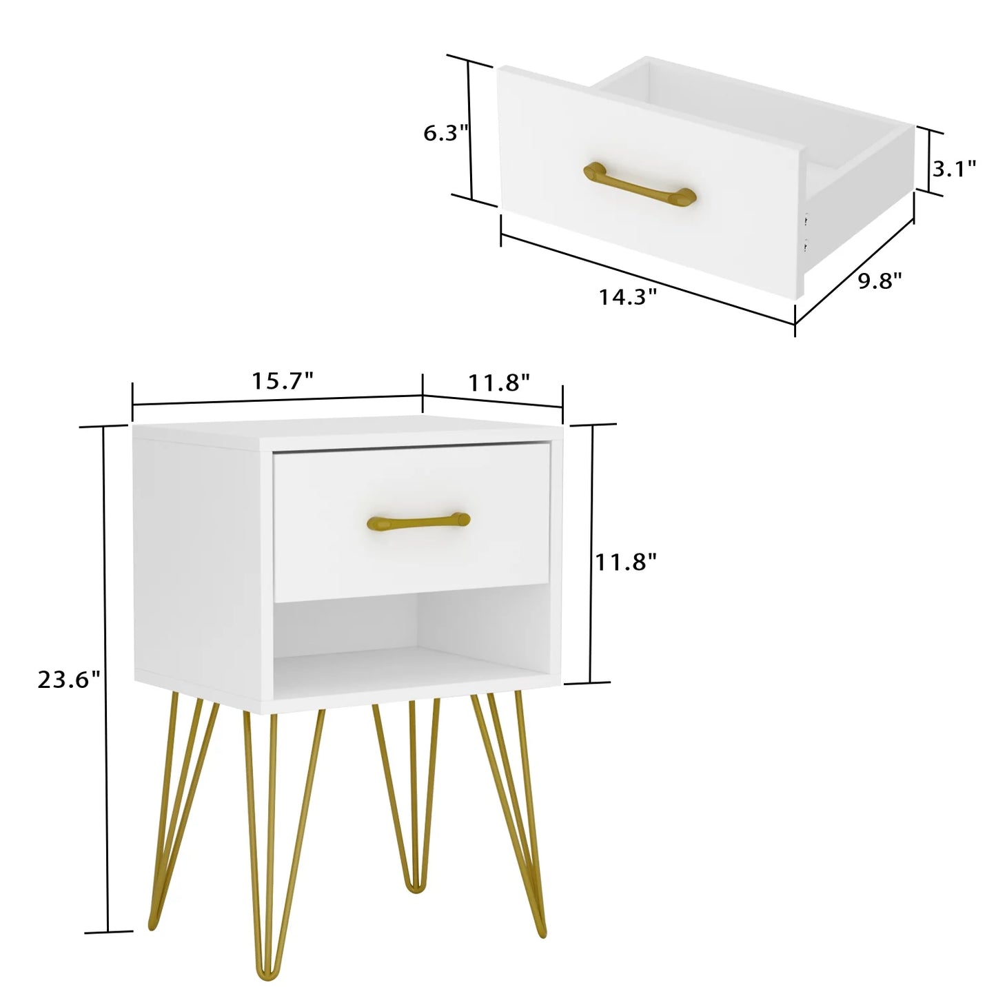 MONSLIPA Nightstand with Drawer and Shelf, White End Side Table with Metal Legs for Bedroom