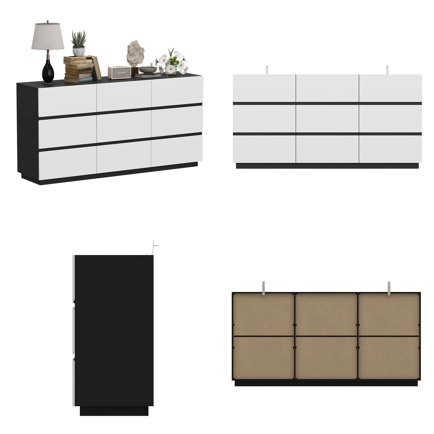 MONSLIPA 9 Drawer Dresser, Modern Chest of Drawer Dresser for Bedroom Hallway, White & Black