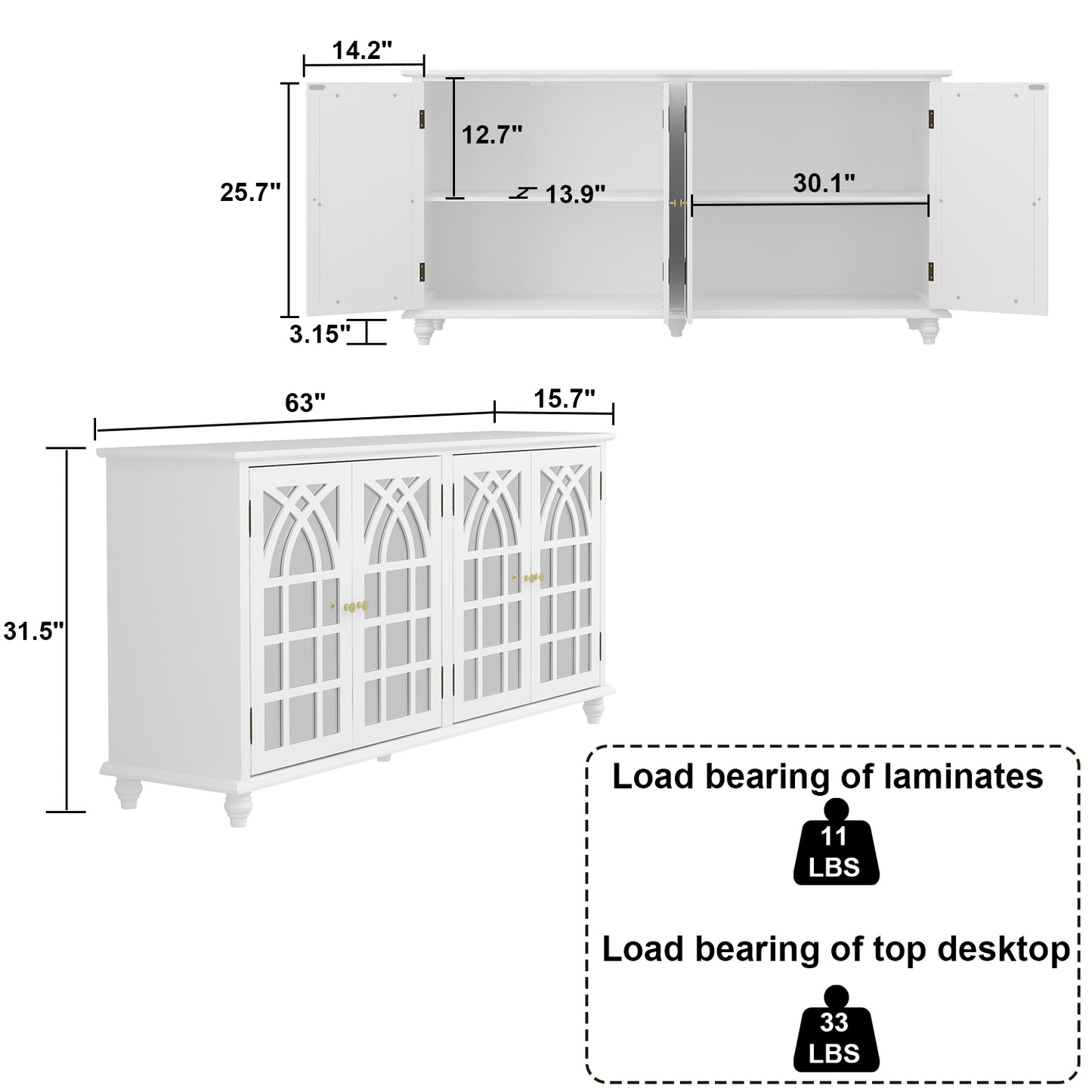 Timechee Buffet Sideboard Accent Table, Console Table Storage Cabinet with Mirror Doors,White