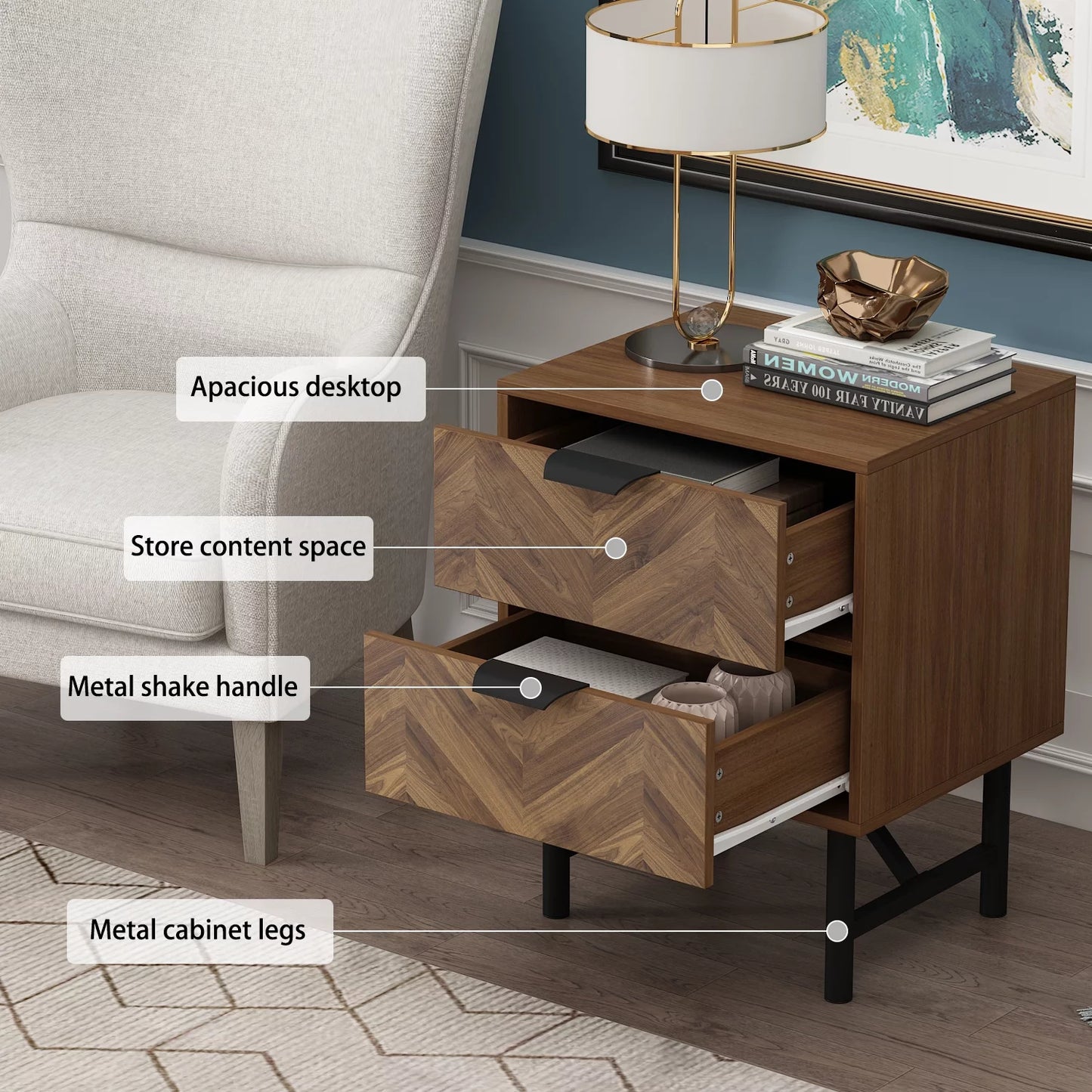 MONSLIPA Bedside Nightstand for Bedroom, 2 Drawer Dresser End Table for Living Room