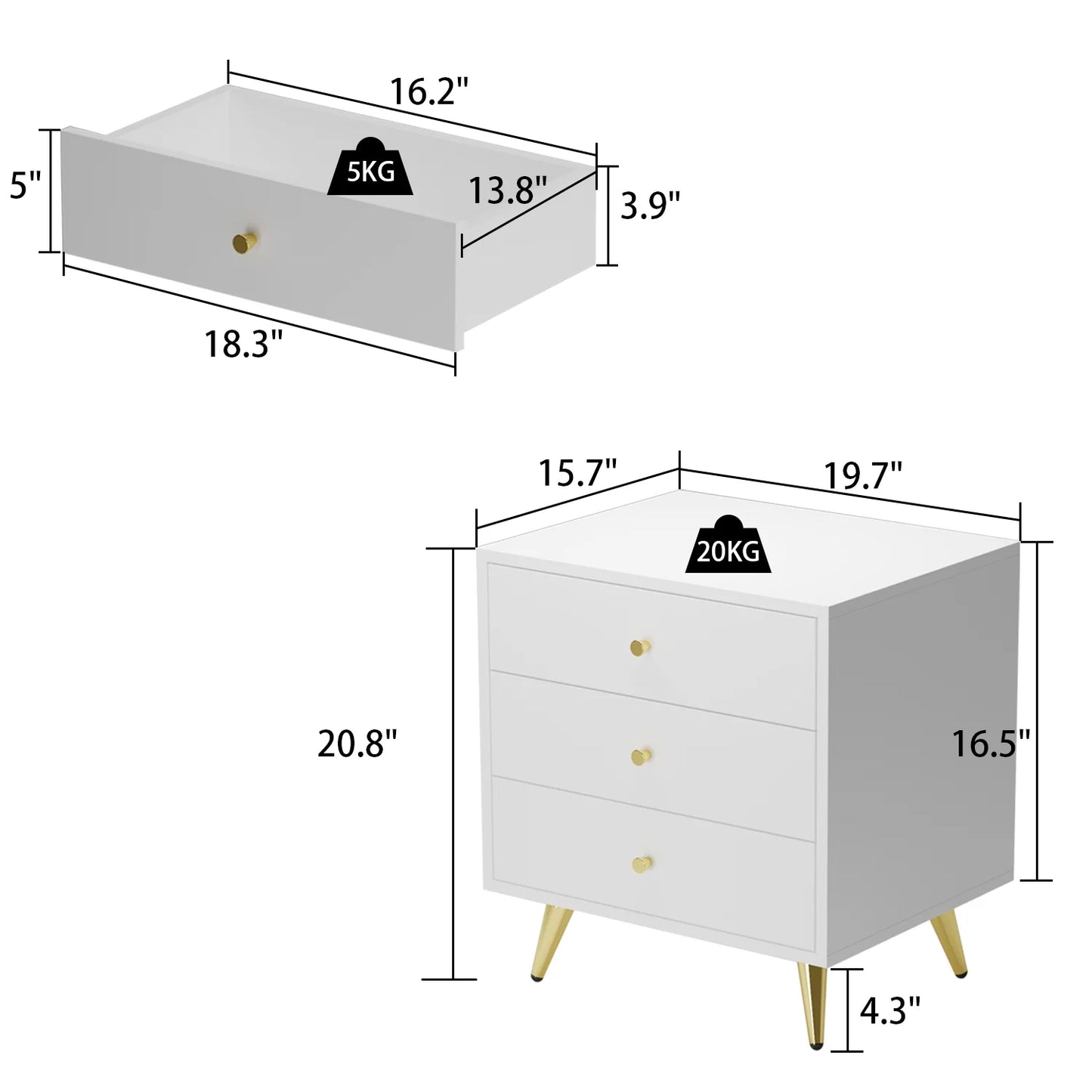 MONSLIPA End Table with 3 Storage Drawers, Nightstand for Bedroom Living Room, White